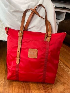 Bric's Red Nylon Tote with Brown Leather Trim